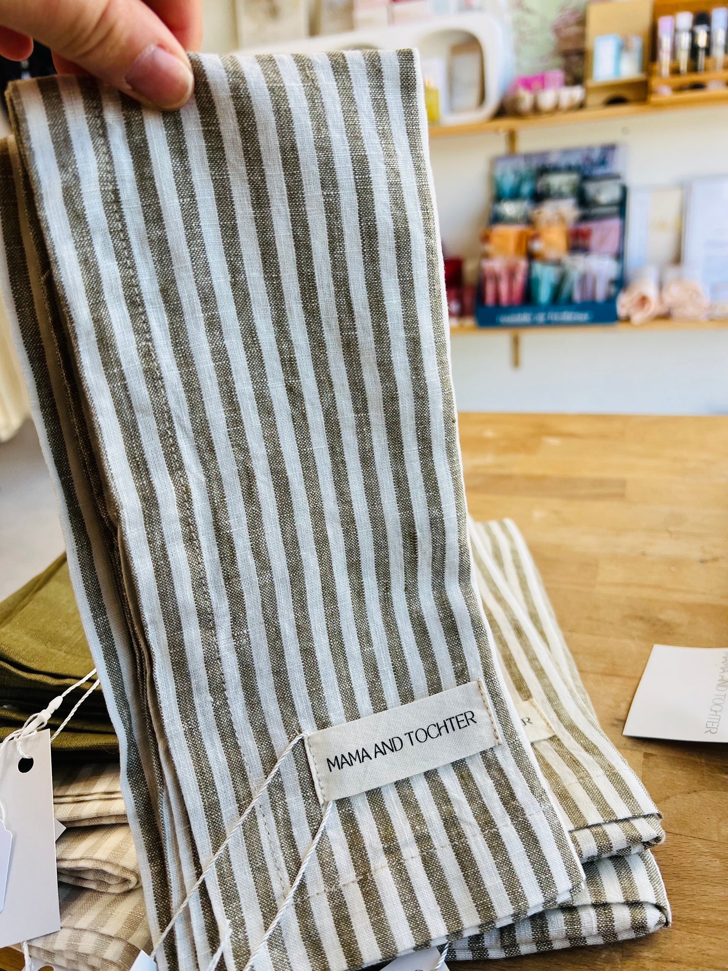 PURE FRENCH LINEN TEA TOWEL - Olive Stripe
