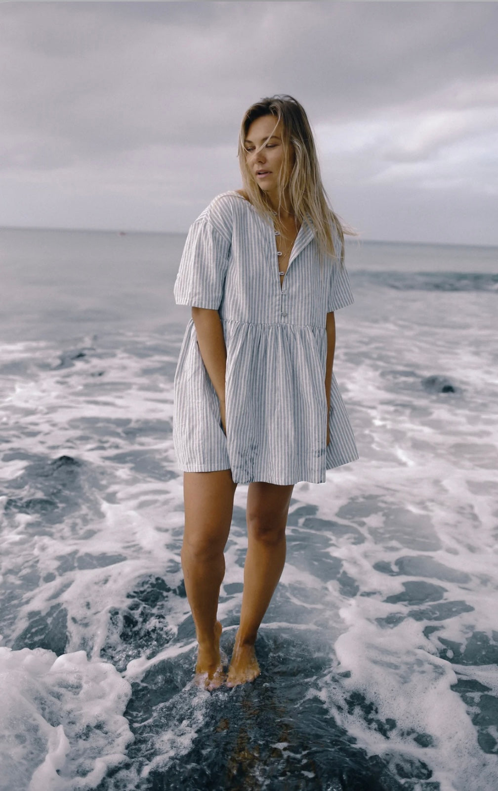 DARCEY DRESS WASHED BLUE STRIPE
